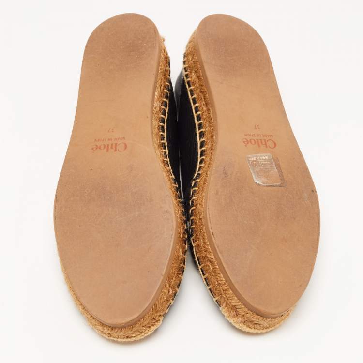 Pre Owned Chloe Black Leather and Logo Canvas Woody Espadrille Flats Size 37