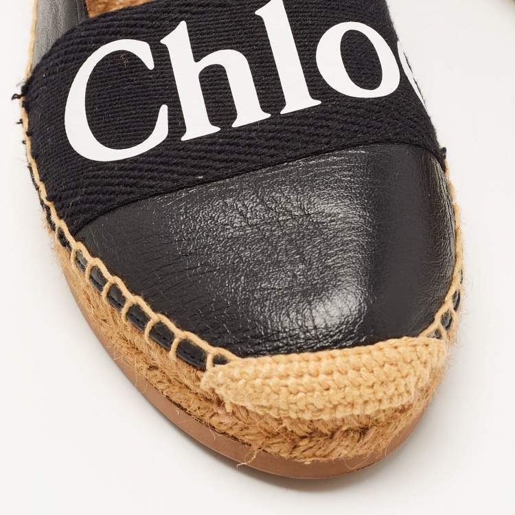 Pre Owned Chloe Black Leather and Logo Canvas Woody Espadrille Flats Size 37
