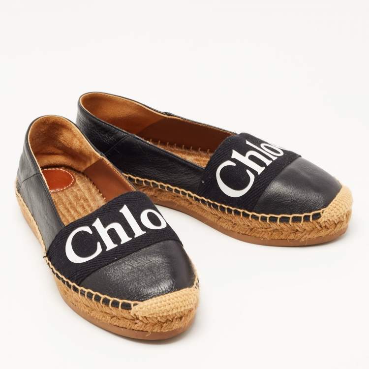 Pre Owned Chloe Black Leather and Logo Canvas Woody Espadrille Flats Size 37