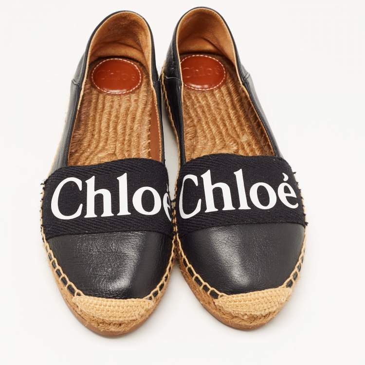 Pre Owned Chloe Black Leather and Logo Canvas Woody Espadrille Flats Size 37