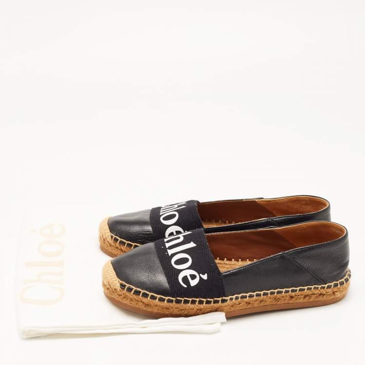 Pre Owned Chloe Black Leather and Logo Canvas Woody Espadrille Flats Size 37