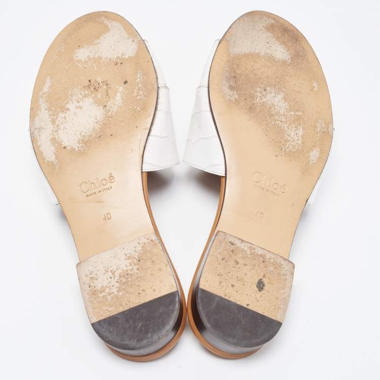 Pre Owned Chloe White Croc Embossed Leather C Slide Sandals Size 40
