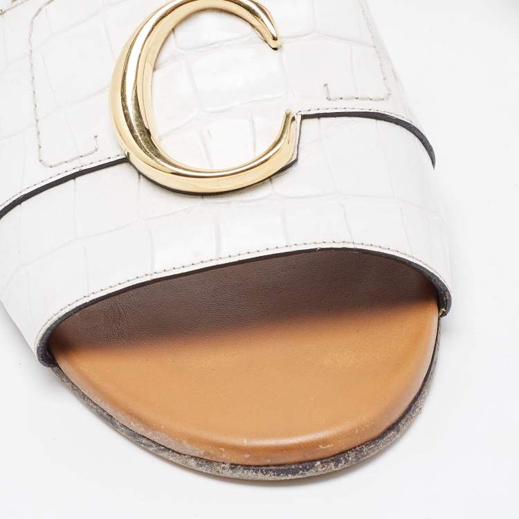 Pre Owned Chloe White Croc Embossed Leather C Slide Sandals Size 40