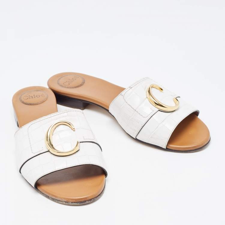 Pre Owned Chloe White Croc Embossed Leather C Slide Sandals Size 40