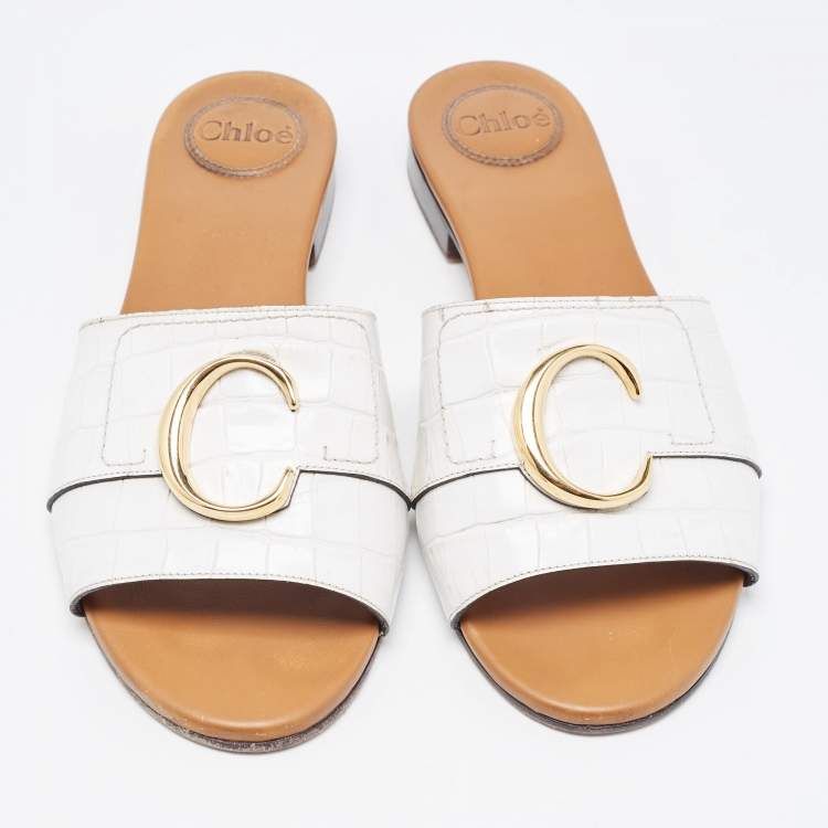 Pre Owned Chloe White Croc Embossed Leather C Slide Sandals Size 40