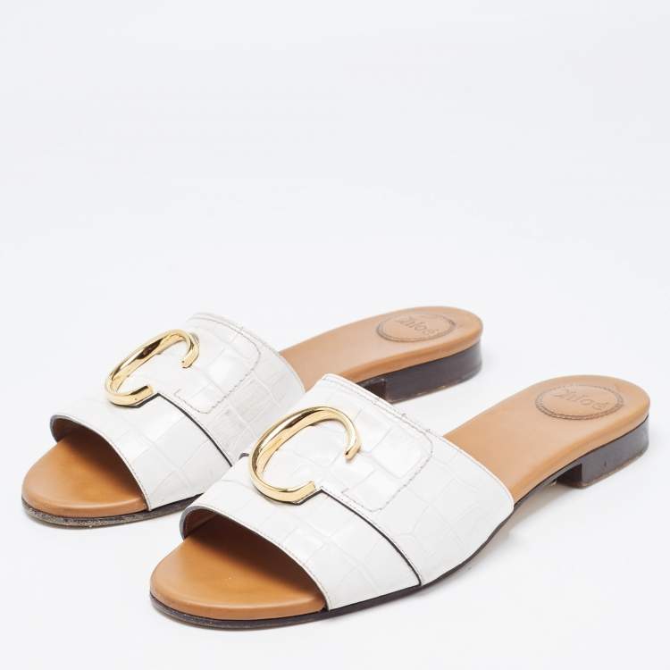 Pre Owned Chloe White Croc Embossed Leather C Slide Sandals Size 40
