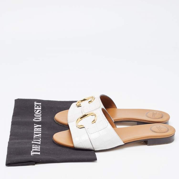 Pre Owned Chloe White Croc Embossed Leather C Slide Sandals Size 40