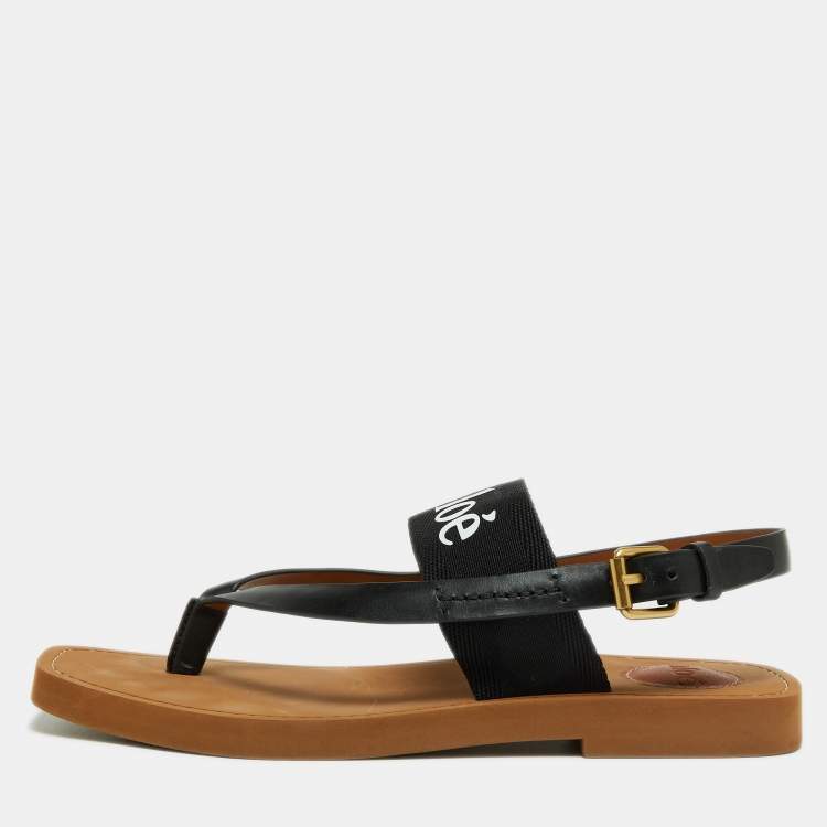 Pre Owned Chloé Black/Brown Leather/Canvas Slingback Sandals Size 38