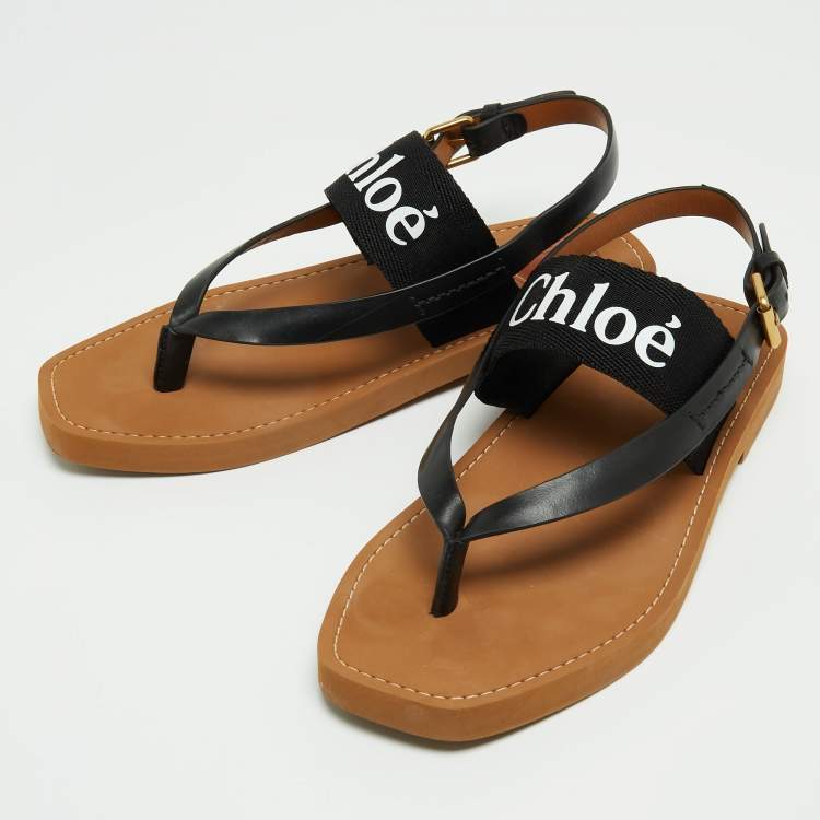 Pre Owned Chloé Black/Brown Leather/Canvas Slingback Sandals Size 38