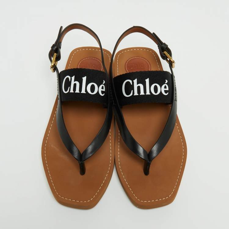 Pre Owned Chloé Black/Brown Leather/Canvas Slingback Sandals Size 38