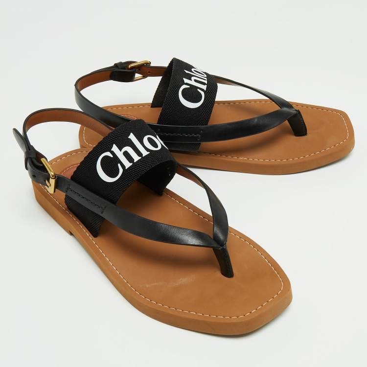 Pre Owned Chloé Black/Brown Leather/Canvas Slingback Sandals Size 38