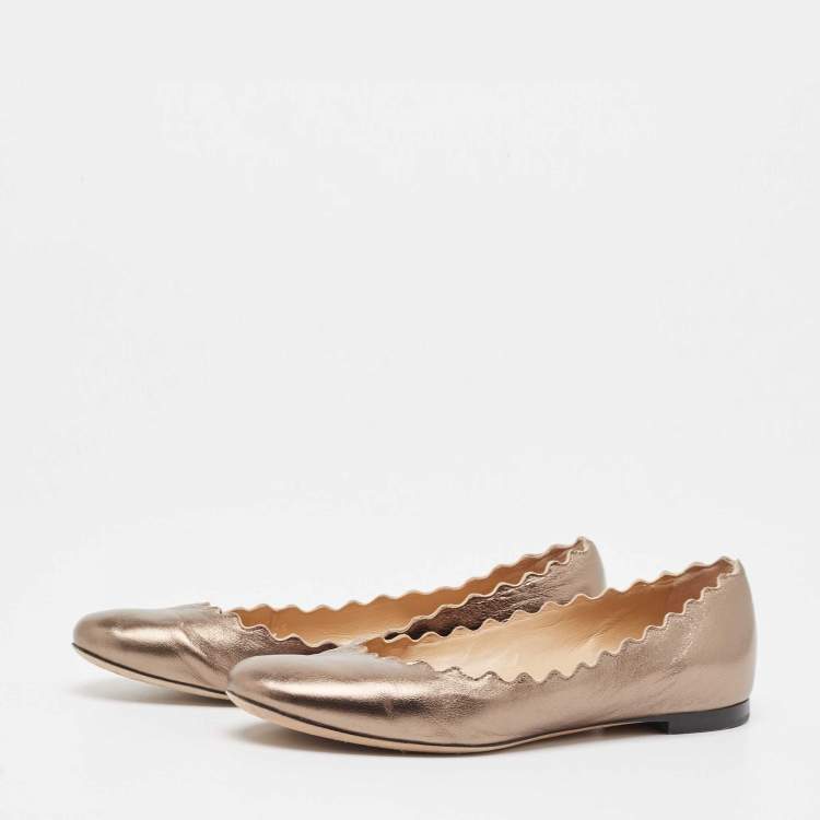 Pre Owned Chloé Metallic Scalloped Leather Lauren Ballet Flats Size 35.5