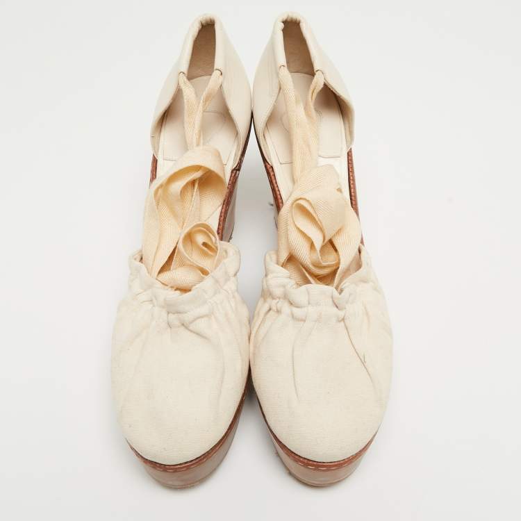 Pre Owned Chloe Cream Leather and Canvas Wedge Platform Ankle Tie Pumps Size 41