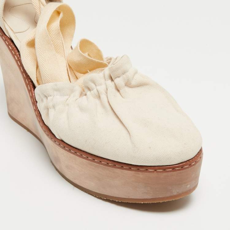 Pre Owned Chloe Cream Leather and Canvas Wedge Platform Ankle Tie Pumps Size 41