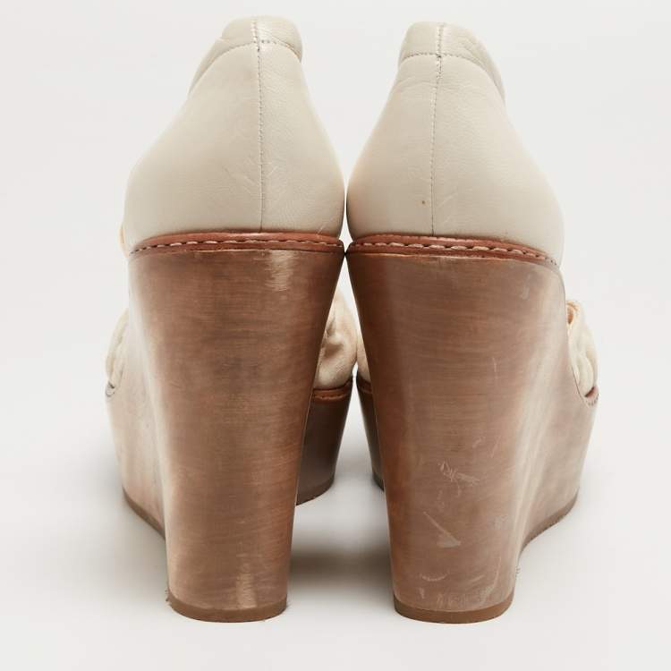 Pre Owned Chloe Cream Leather and Canvas Wedge Platform Ankle Tie Pumps Size 41