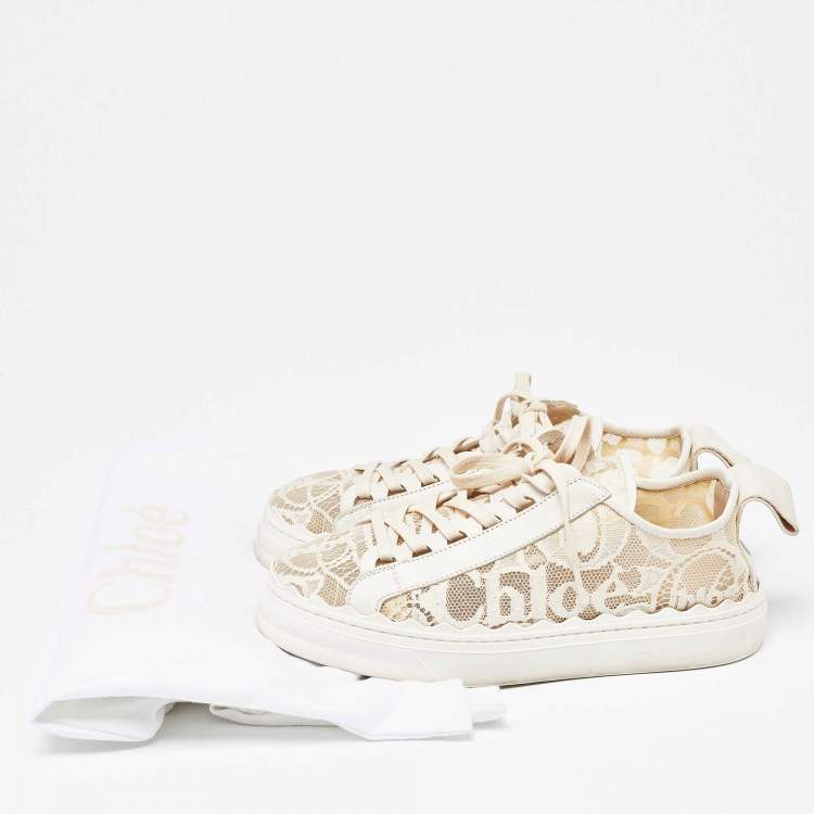 Pre Owned Chloe Beige Mesh  and Leather Lauren Lace Up Sneakers Size 38