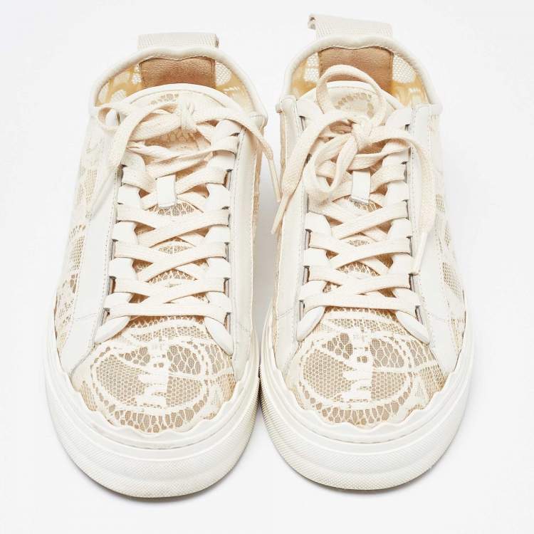 Pre Owned Chloe Beige Mesh  and Leather Lauren Lace Up Sneakers Size 38