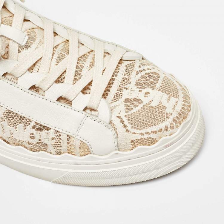 Pre Owned Chloe Beige Mesh  and Leather Lauren Lace Up Sneakers Size 38