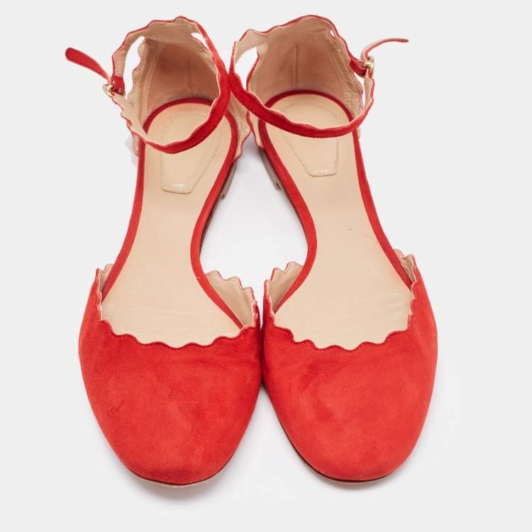 Pre Owned Chloe Red Scalloped Suede Lauren Ankle Strap Flats Size 38.5