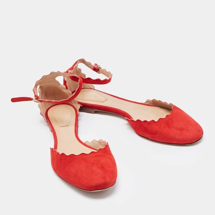 Pre Owned Chloe Red Scalloped Suede Lauren Ankle Strap Flats Size 38.5