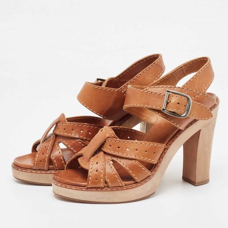Pre Owned Chloe Tan Leather Open Toe Platform Ankle Strap Sandals Size 39