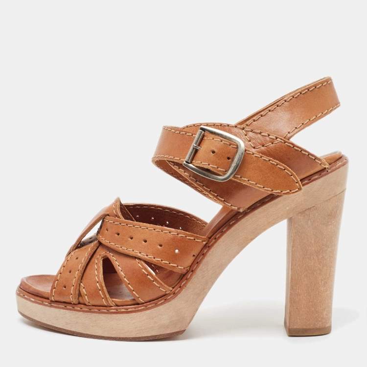 Chloe Tan Leather Open Toe Platform Ankle Strap Sandals Size 39