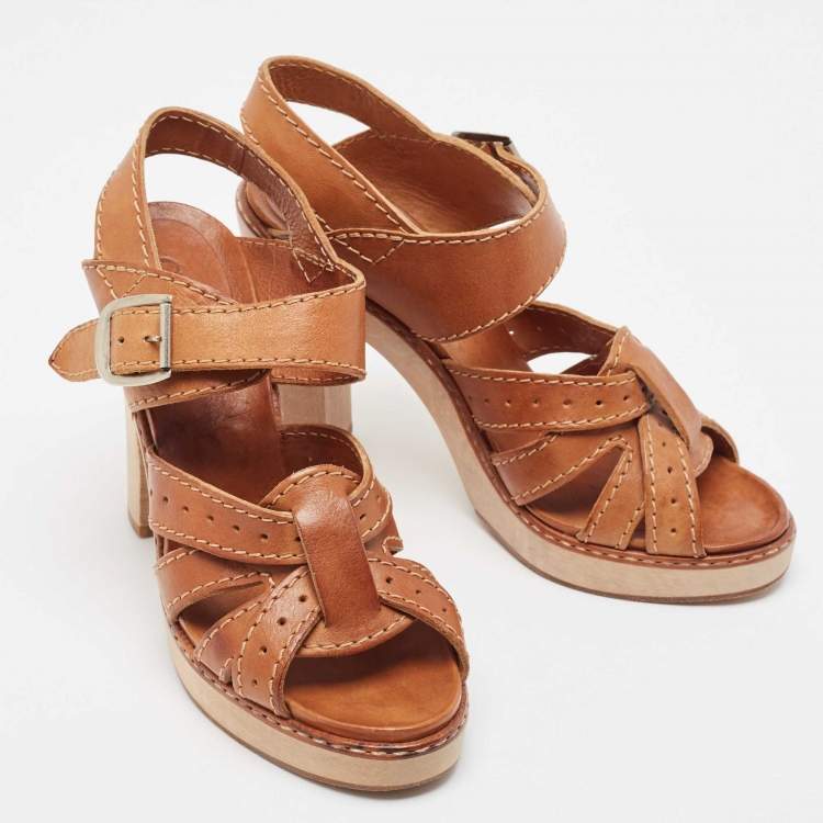 Pre Owned Chloe Tan Leather Open Toe Platform Ankle Strap Sandals Size 39