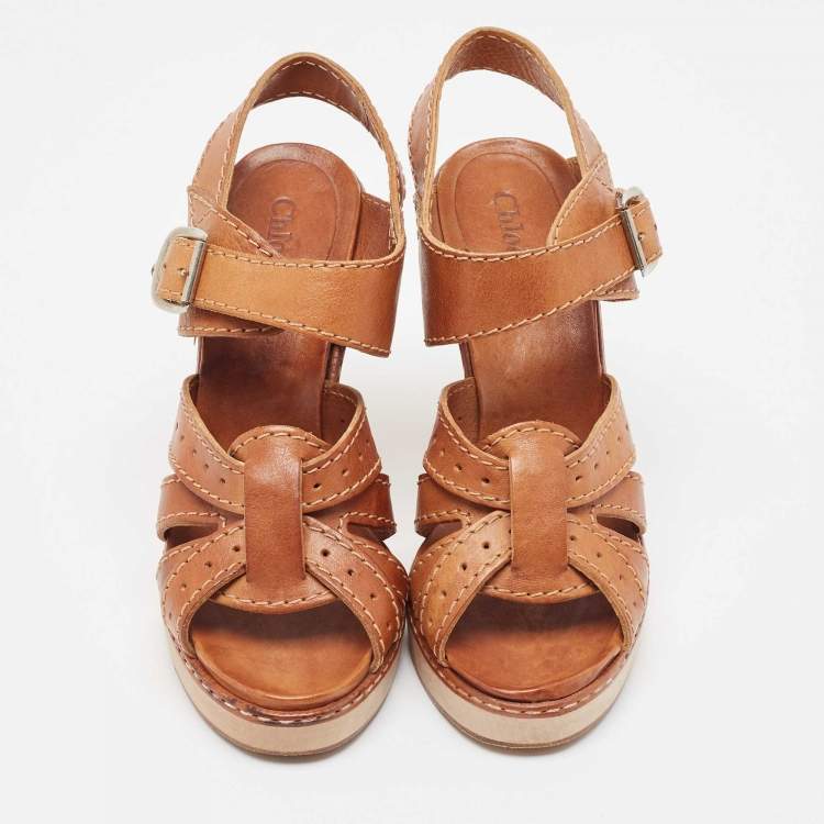 Pre Owned Chloe Tan Leather Open Toe Platform Ankle Strap Sandals Size 39