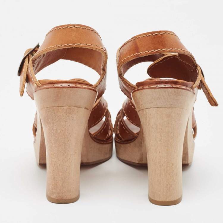 Pre Owned Chloe Tan Leather Open Toe Platform Ankle Strap Sandals Size 39