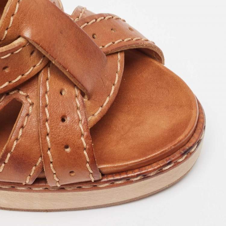 Pre Owned Chloe Tan Leather Open Toe Platform Ankle Strap Sandals Size 39