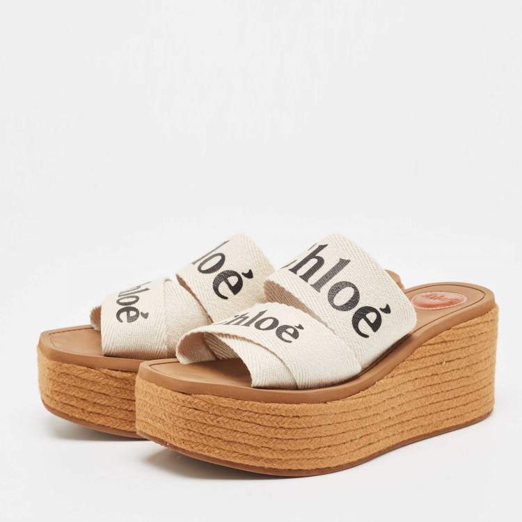 Pre Owned Chloe White Canvas Logo Print Woody Wedge Platform Slide Sandals Size 38