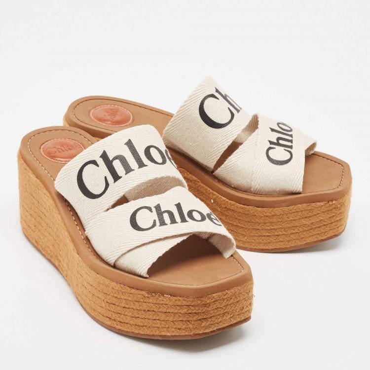 Pre Owned Chloe White Canvas Logo Print Woody Wedge Platform Slide Sandals Size 38