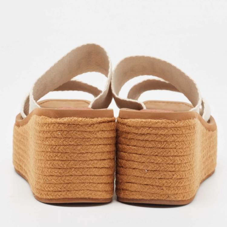 Pre Owned Chloe White Canvas Logo Print Woody Wedge Platform Slide Sandals Size 38