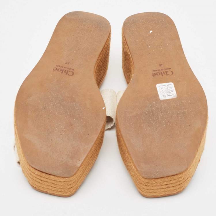Pre Owned Chloe White Canvas Logo Print Woody Wedge Platform Slide Sandals Size 38