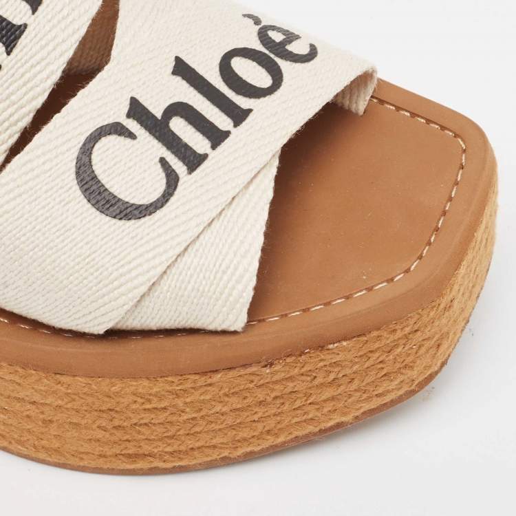 Pre Owned Chloe White Canvas Logo Print Woody Wedge Platform Slide Sandals Size 38