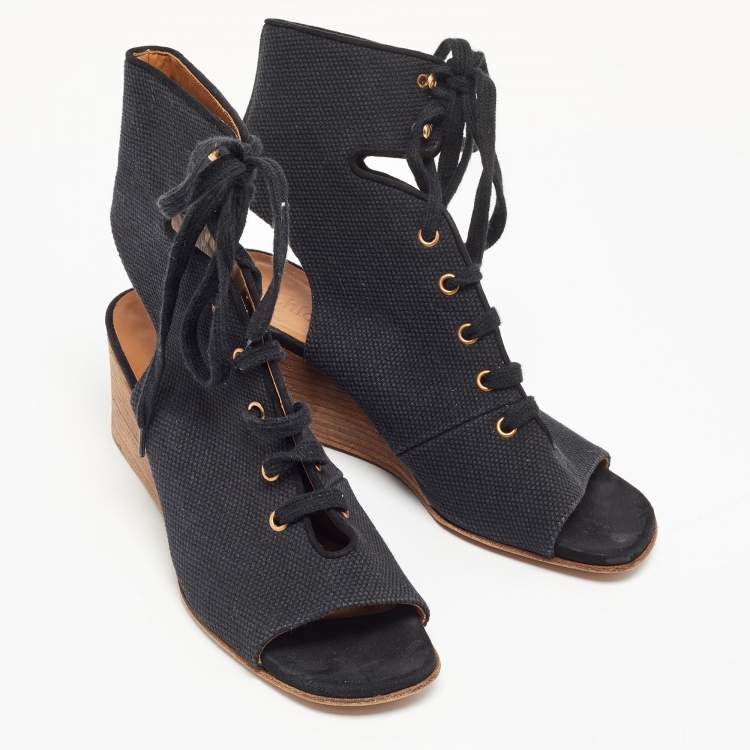 Pre Owned Chloe Black Canvas Lace Up Open Toe Block Heel Ankle Wedge Booties Size 38