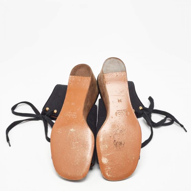 Pre Owned Chloe Black Canvas Lace Up Open Toe Block Heel Ankle Wedge Booties Size 38
