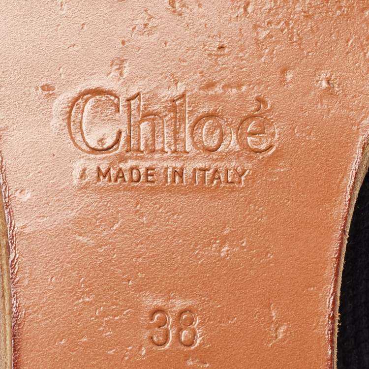Pre Owned Chloe Black Canvas Lace Up Open Toe Block Heel Ankle Wedge Booties Size 38