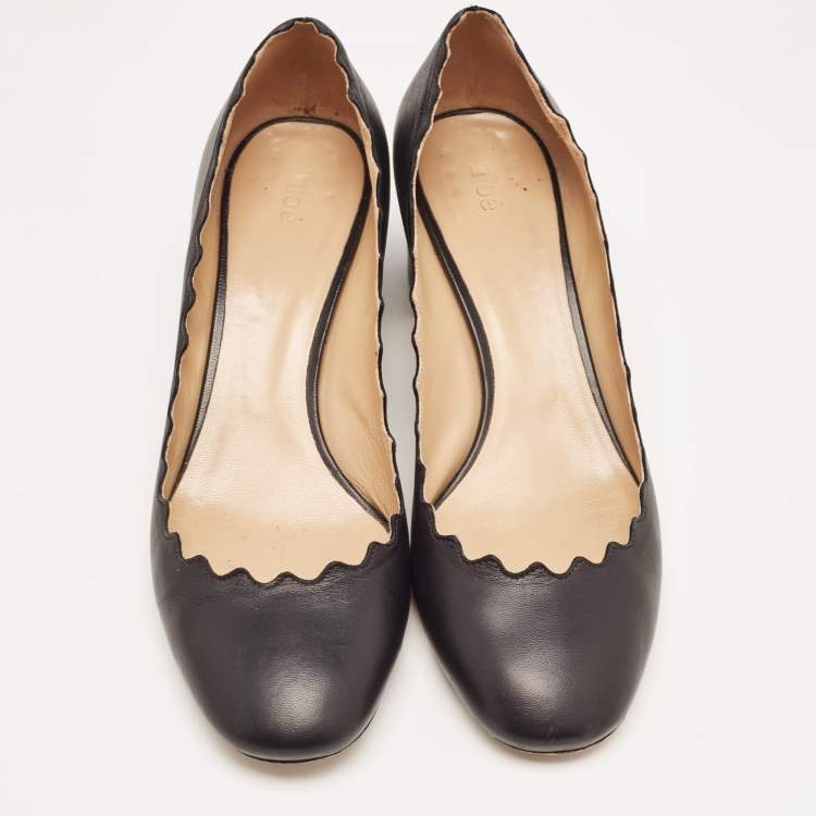 Pre Owned Chloe Black Scalloped Leather Lauren Block Heel Pumps Size 40