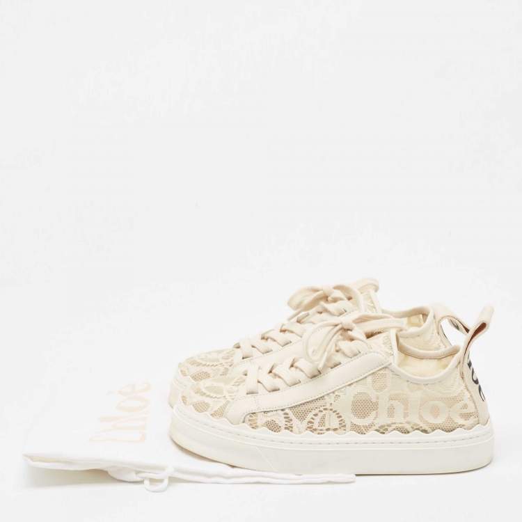 Pre Owned Chloe Light Cream Lace and Leather Lauren Low Top Sneakers Size 36