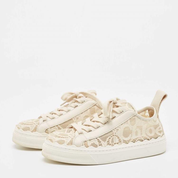 Pre Owned Chloe Light Cream Lace and Leather Lauren Low Top Sneakers Size 36