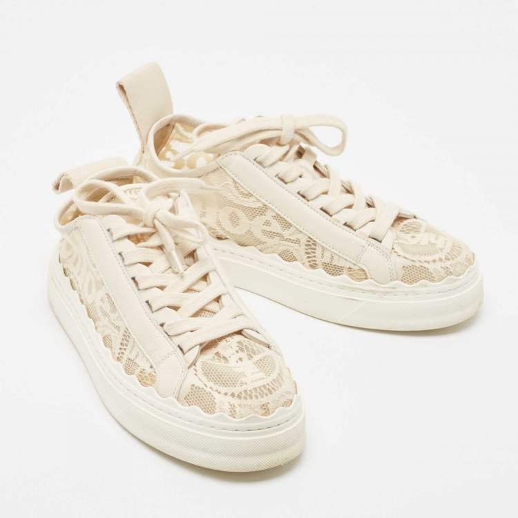 Pre Owned Chloe Light Cream Lace and Leather Lauren Low Top Sneakers Size 36
