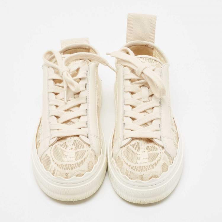 Pre Owned Chloe Light Cream Lace and Leather Lauren Low Top Sneakers Size 36