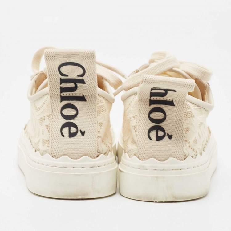 Pre Owned Chloe Light Cream Lace and Leather Lauren Low Top Sneakers Size 36
