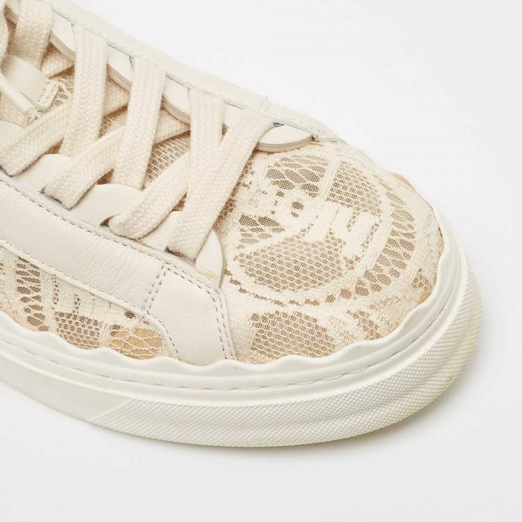 Pre Owned Chloe Light Cream Lace and Leather Lauren Low Top Sneakers Size 36