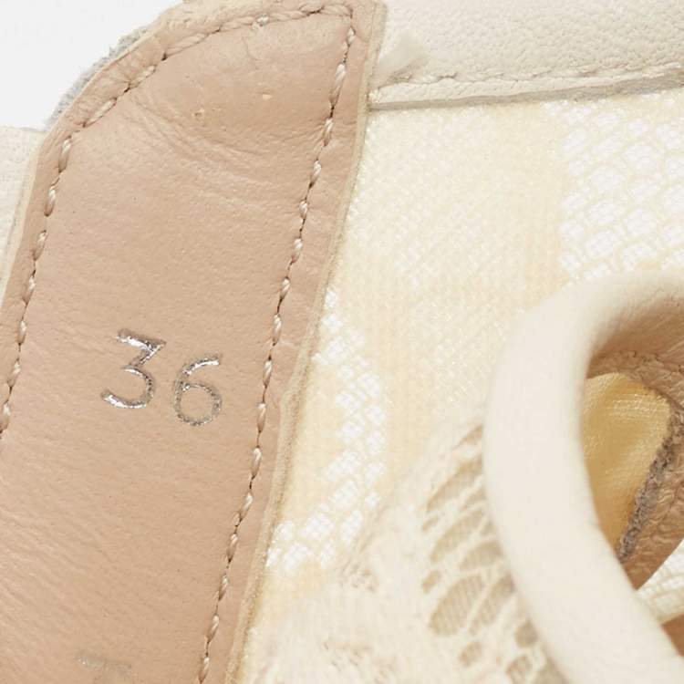 Pre Owned Chloe Light Cream Lace and Leather Lauren Low Top Sneakers Size 36