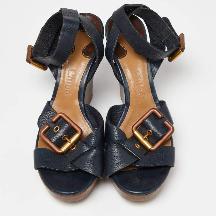 مملوكة مسبقًا Chloe Navy Blue Leather Buckle Detail Wedge Platform Ankle Wrap Sandals Size 38