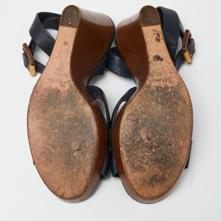 مملوكة مسبقًا Chloe Navy Blue Leather Buckle Detail Wedge Platform Ankle Wrap Sandals Size 38