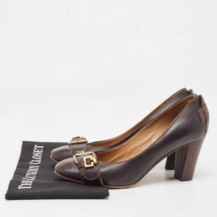 Pre Owned Chloe Brown Leather Buckle Detail Round Toe Block Heel Pumps Size 38