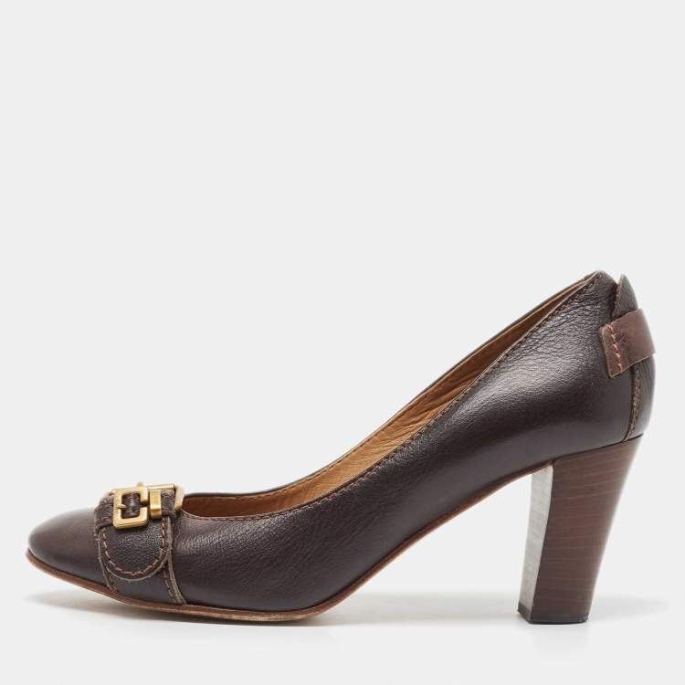 Pre Owned Chloe Brown Leather Buckle Detail Round Toe Block Heel Pumps Size 38